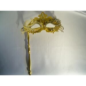 Gold rhinestone mask on a stick,  bridal prom costume masquerade Halloween mask